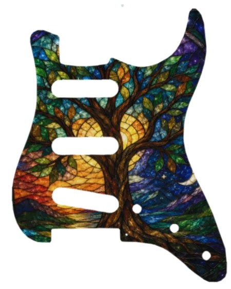 Finished Strat pickguard with a colorful stained-glass tree design and three single-coil openings