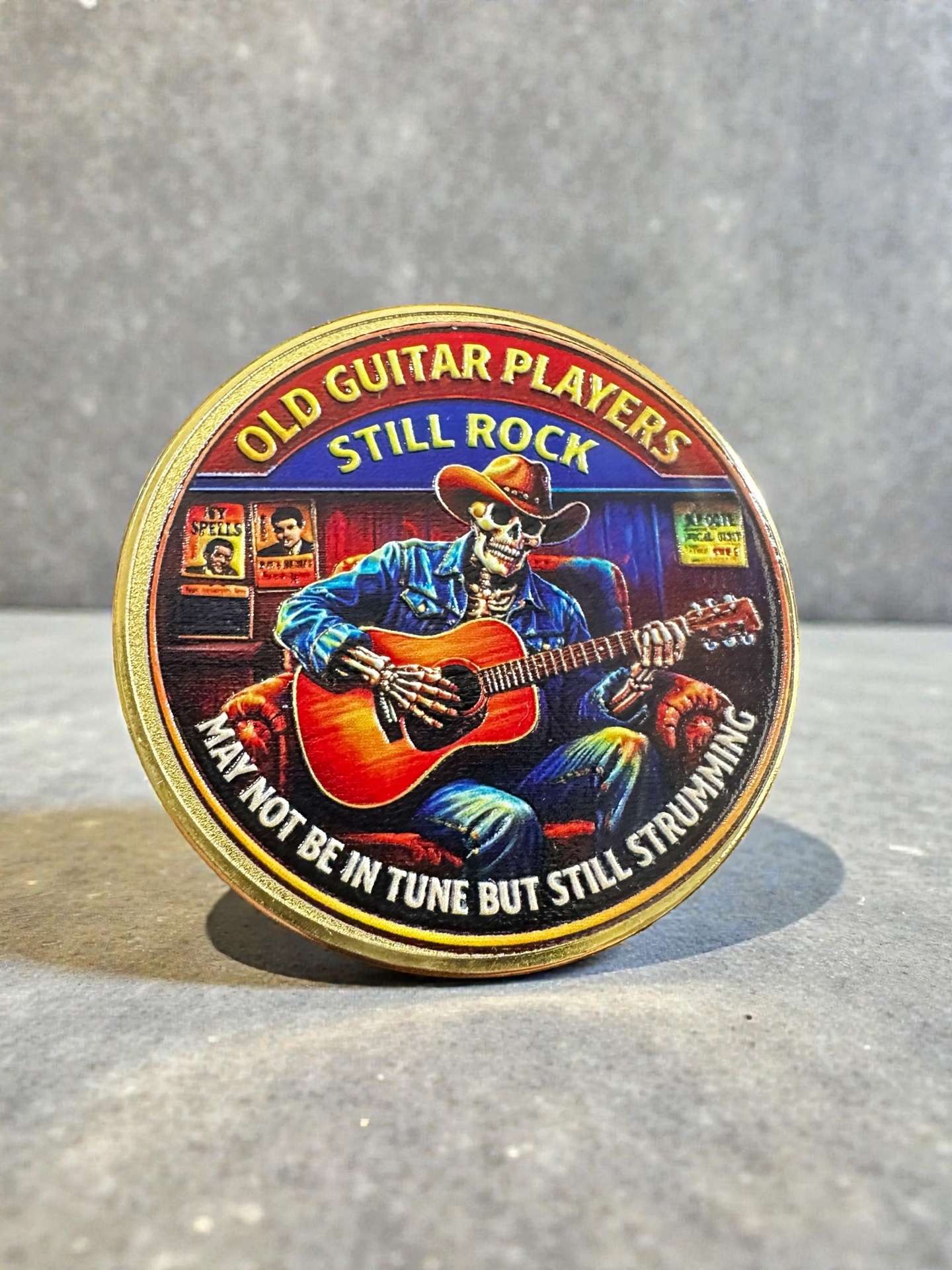 Old Guitar Players Challenge Coin — Front