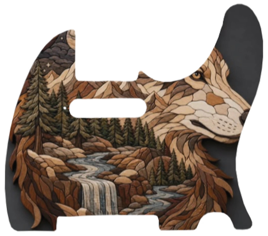 Telecaster pickguard design with a wood-inlay wolf head beside pine trees, a waterfall, and a moonlit starry sky